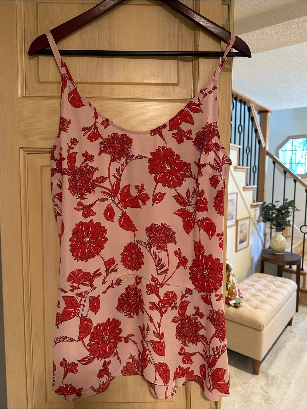 CAbi Pink Top with Red Floral Print